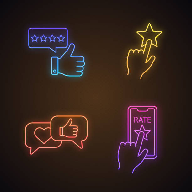 ilustrações de stock, clip art, desenhos animados e ícones de rating neon light icons set - square shape plus sign mathematical symbol social networking