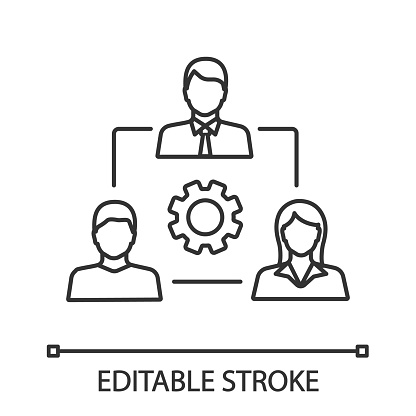 Teamwork linear icon. Thin line illustration. Leadership. Staff management. Group of people with cogwheels. Contour symbol. Vector isolated outline drawing. Editable stroke