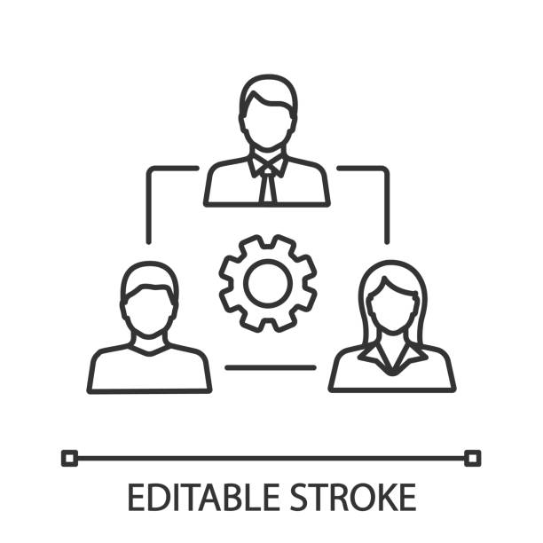 Teamwork linear icon Teamwork linear icon. Thin line illustration. Leadership. Staff management. Group of people with cogwheels. Contour symbol. Vector isolated outline drawing. Editable stroke business people stock illustrations