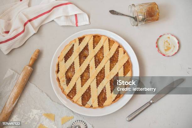 Cooking Italian Figs Jam Tart Crostata On A White Plate Stock Photo - Download Image Now