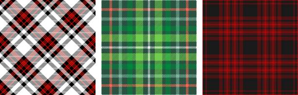 illustrations, cliparts, dessins animés et icônes de ensemble de trois motifs de plaid de noel. - wallpaper textile retro revival tartan