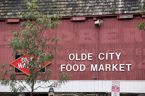 Philadelphia, USA - August 24, 2019. Olde City Food Market building on Market Street in downtown Philadelphia, Pennsylvania, USA