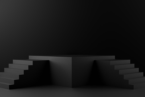3d rendering of black color blank product stand with staircase for the presentations.