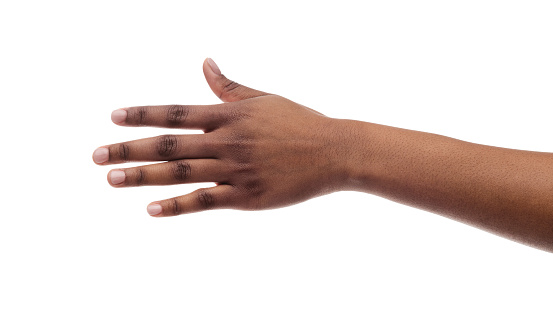 Closeup Of Black Female Hand Isolated On White Background. Panorama, Copy Space