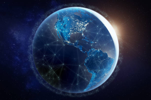 istock Internet network for fast data exchange over America from space, global telecommunication satellite around the world for IoT, mobile web, financial technology, 3d render, Earth elements from NASA 1174505867