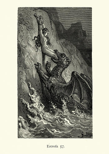Vintage illustration from the story Orlando Furioso. Human sacrifice chained to a rock, Sea monster, fantasy. Orlando Furioso (The Frenzy of Orlando) an Italian epic poem by Ludovico Ariosto, illustrated by Gustave Dore. The story is also a chivalric romance which stemmed from a tradition beginning in the late Middle Ages.