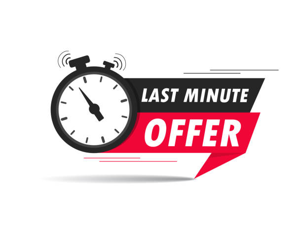 Red last minute offer with clock for promotion, banner, price. Label countdown of time for offer sale.Alarm clock with last minute offer of chance on isolated background. vector Red last minute offer with clock for promotion, banner, price. Label countdown of time for offer sale.Alarm clock with last minute offer of chance on isolated background. vector illustration countdown stock illustrations