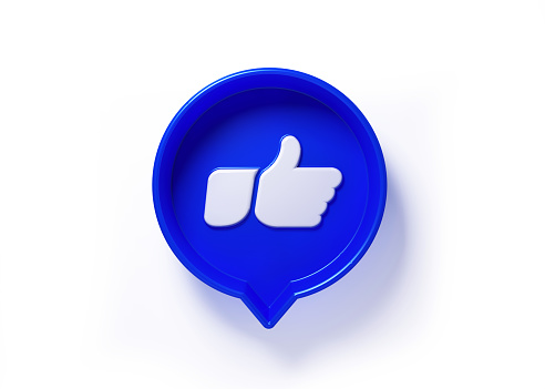 Blue speech bubble with white like icon on white background. Horizontal composition with copy space. Clipping path is included.
