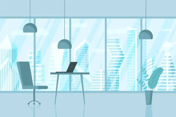Vector illustration of Empty modern business ceo room design workplace. Creative office workspace with big window desktop laptop and furniture in interior. Vector illustration