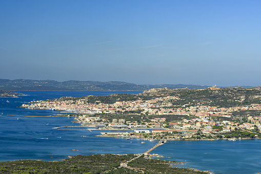 View from above, stunning view of La Maddalena city with the bridge leading to the Caprera island. La Maddalena Archipelago, Sardinia, Italy.