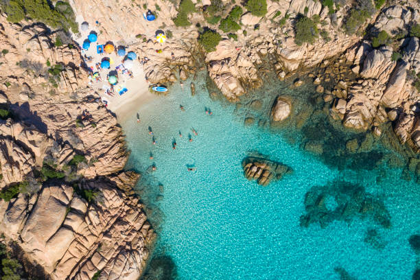 View from above, stunning aerial view of a small beach with beach umbrellas and people swimming in a turquoise clear water, Cala Coticcio, (Tahiti), La Maddalena Archipelago, Sardinia, Italy. View from above, stunning aerial view of a small beach with beach umbrellas and people swimming in a turquoise clear water, Cala Coticcio, (Tahiti), La Maddalena Archipelago, Sardinia, Italy. marine reserve photos stock pictures, royalty-free photos & images