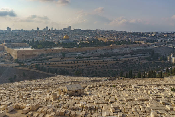 view of al aqsa mosque ,  temple mount, dome of rock and old city of jerusalem from the jewish cemetery - jerusalem dome of the rock israel temple mound imagens e fotografias de stock