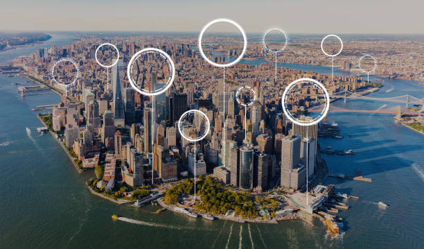 Technology digital circle with aerial view of Manhattan