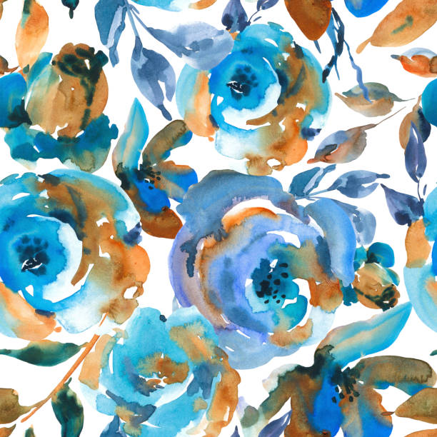 istock Watercolor vintage seamless pattern with turquoise roses, wildflowers. Natural blue floral texture on white background 1174534694