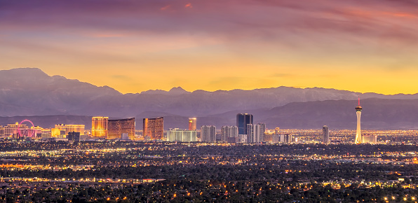 Panorama cityscape view of Las Vegas at sunset in Nevada, United States of America