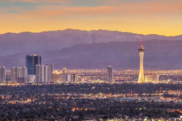 Photo of Panorama cityscape view of Las Vegas at sunset in Nevada