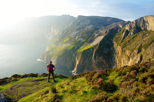 Slieve League, Irelands highest sea cliffs, located in south west Donegal along this magnificent costal driving route. Wild Atlantic Way route, Co Donegal, Ireland. stock photo