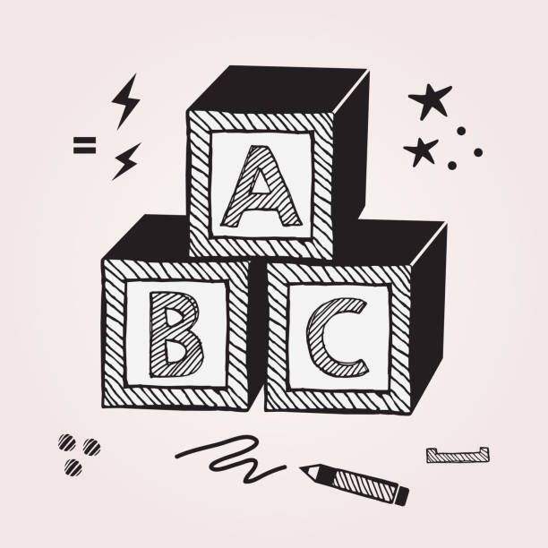 黒い抽象的なインクの子供abcはピンクのグラデーションの背景に鉛筆と星とおもちゃのキューブブロックを積み重ねた - elementry点のイラスト素材／クリップアート素材／マンガ素材／アイコン素材