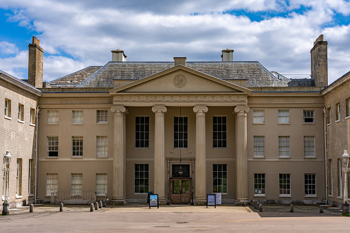 This is the architecture of Kenwood House, a famous English heritage building in Hampstead on July 01, 2019 in London