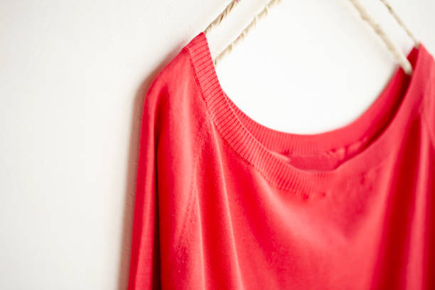 istock a cut sew or knit in red hanging on clothes hanger on white background. 1174544663