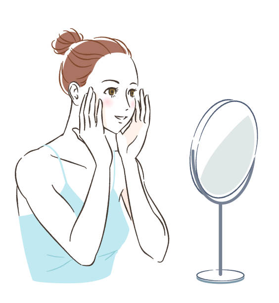 Skincare woman in front of mirror Skincare woman in front of mirror woman mirror stock illustrations