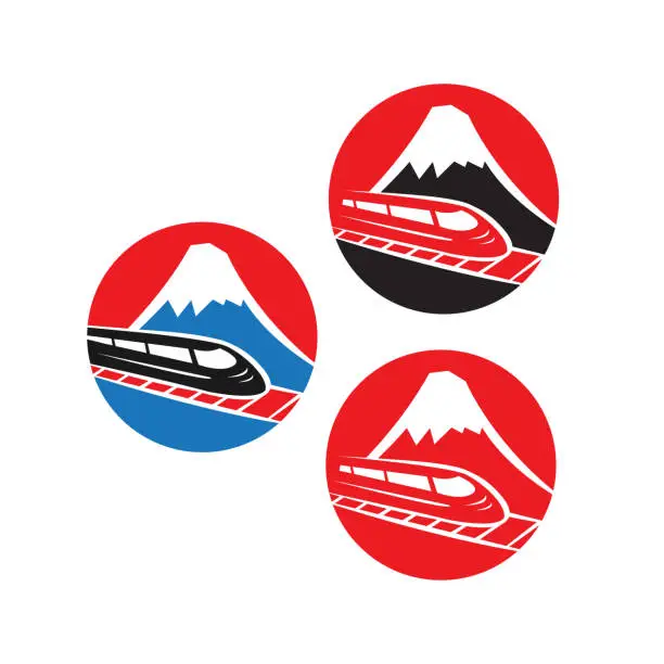 Vector illustration of Japanese red logo with Fuji mountain and speed train isolated on white background