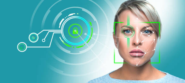 Portrait of a woman scanned by the security system. Face id Concept Portrait of a woman scanned by the security system. Face id Concept with copy space german iris stock pictures, royalty-free photos & images