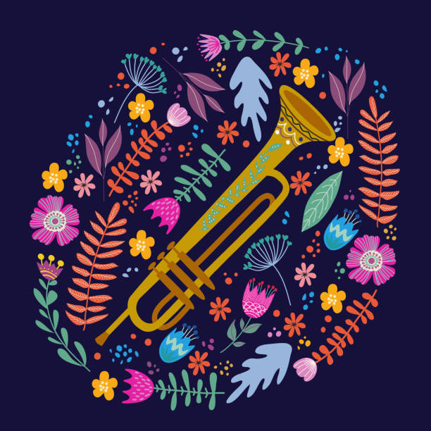 istock Isolated trombone and Bright leaves and flowers on blue background. Hand drawing folk flat doodles vector 1174561495