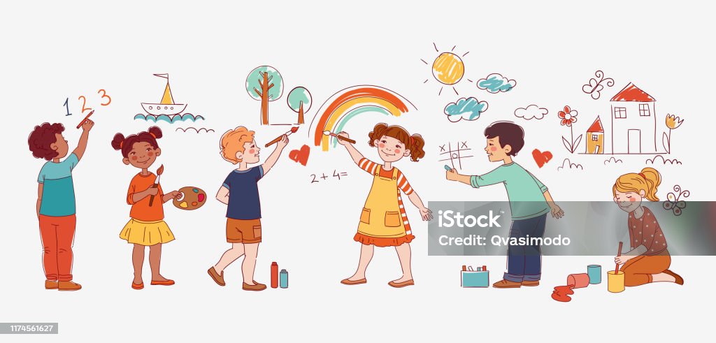 Cute Kids Painting And Drawings On The Wall Stock Illustration - Download  Image Now - Child, Drawing - Activity, Drawing - Art Product - iStock