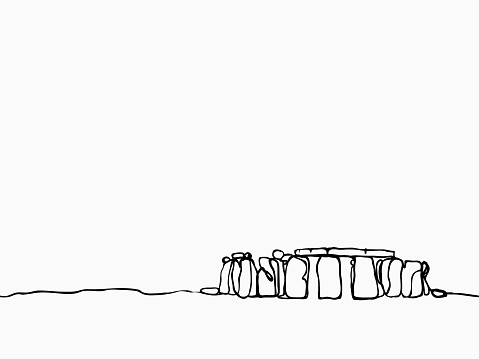 black simple childish continuous hand drawn  line art Stonehenge prehistoric monument  Wiltshire, England on white background for wallpaper, label, banner, wrapping etc. vector design.