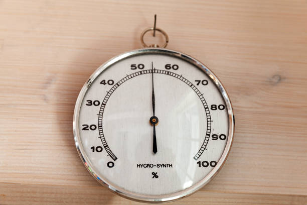 Analog Hygro Synth hygrometer Analog Hygro Synth hygrometer hanging on wooden wall, close-up photo. This hair tension instrument used to measure the amount of humidity and water vapour in the atmosphere hygrometer photos stock pictures, royalty-free photos & images