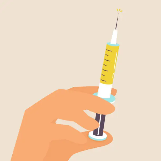Vector illustration of Spray from a medical syringe. Vaccination against influenza, virus, injection, antidote, injection