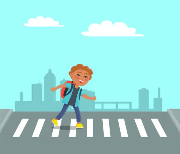 Vector illustration of Smiling Boy at Crosswalk on Urban City Background.