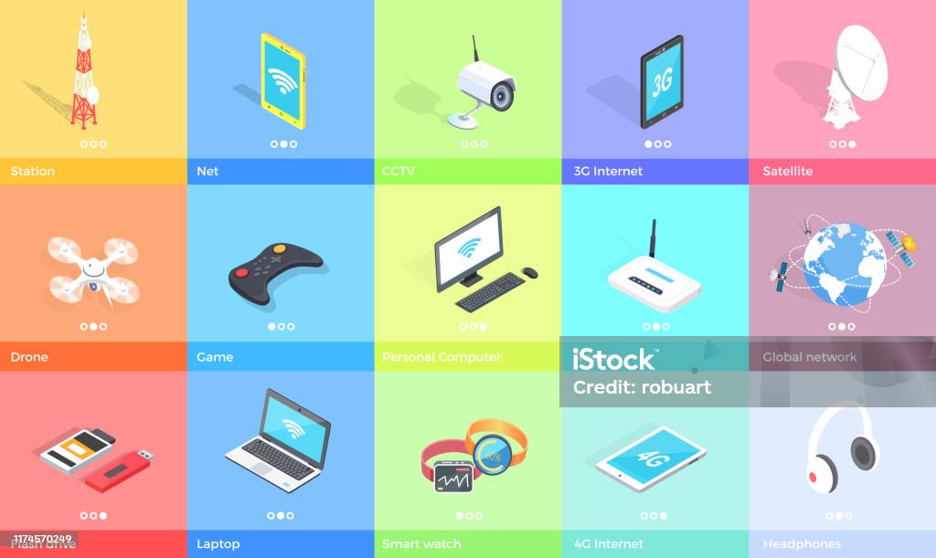 Computer Desktop Gadgets Graphics Electronic Gadgets Collection Colorful Poster Stock Illustration ...