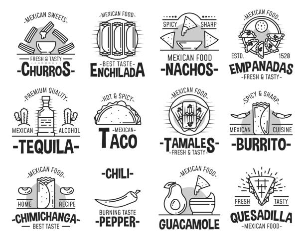 ilustrações de stock, clip art, desenhos animados e ícones de mexican cuisine and fast food icons - tortilla chip