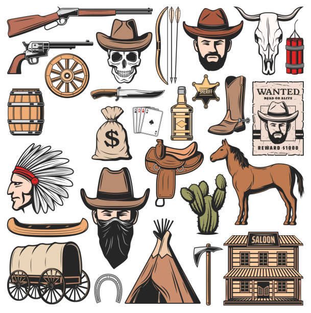 Wild West and western American icons Wild West symbols and American Western icons. Vector sheriff star badge, Indigenous man with wigwam hunt or wanted robber in cowboy hat and wagon cart, horse saddle, bank dollars and pistol guns bullock cart india stock illustrations