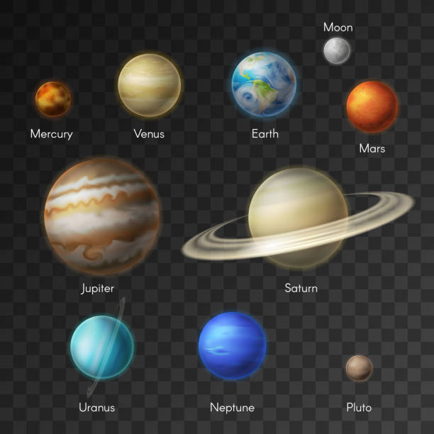 Solar system planets galaxy icons Planets of solar system vector isolated icons. Earth, Saturn, Moon and Mars or Venus, Neptune with Mercury or Uranus and Pluto or Jupiter planet in galaxy universe neptune roman god stock illustrations