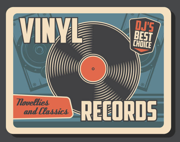 Retro music vintage vinyl record player Vinyl record disk vintage poster. Vector retro music vinyl player store or DJ musical instruments shop and sound recording studio swing dancing stock illustrations