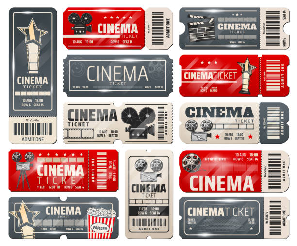 Movie theater, cinema retro vintage tickets Cinema tickets vintage movie theater or cinematograph premiere night. Vector tickets with retro film camera, pop corn and actor star award, clapperboard and cinema chairs hollywood stock illustrations