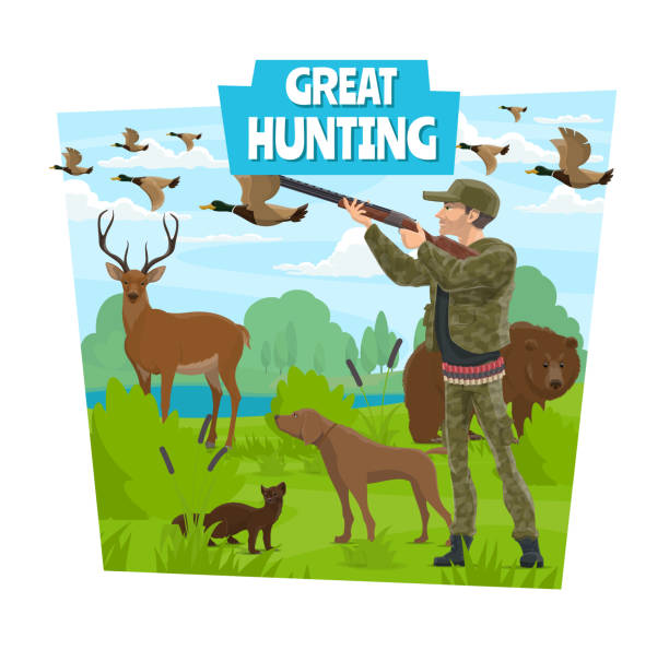 ilustraciones, imágenes clip art, dibujos animados e iconos de stock de aventura de caza, cazador y animales salvajes - bullet belt ammunition cartridge