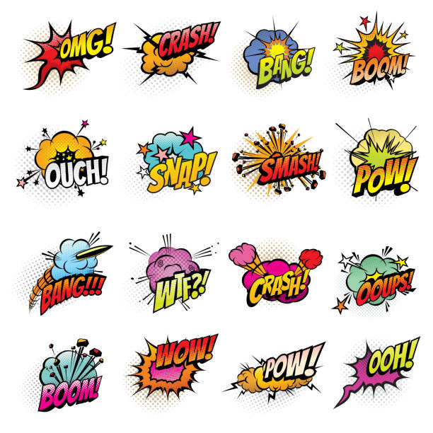 Comics bubbles with speech and sound effect clouds Comics speech bubbles vector design. Boom and bang sound effects, pow, crash and smash explosion clouds, oops, ouch and wtf exclamations, omg and wow expressions with halftone lightnings and stars wtf stock illustrations