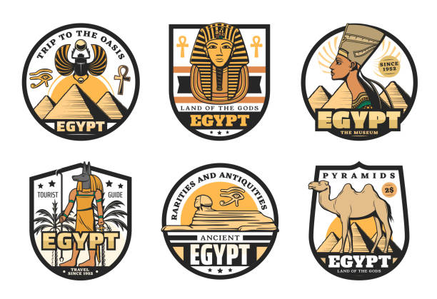 illustrazioni stock, clip art, cartoni animati e icone di tendenza di icone di viaggio in egitto di antiche piramidi del faraone - religious icon interface icons globe symbol