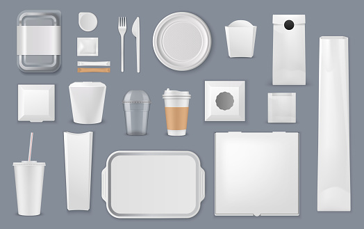 Food packaging box, bag and cup mockup templates