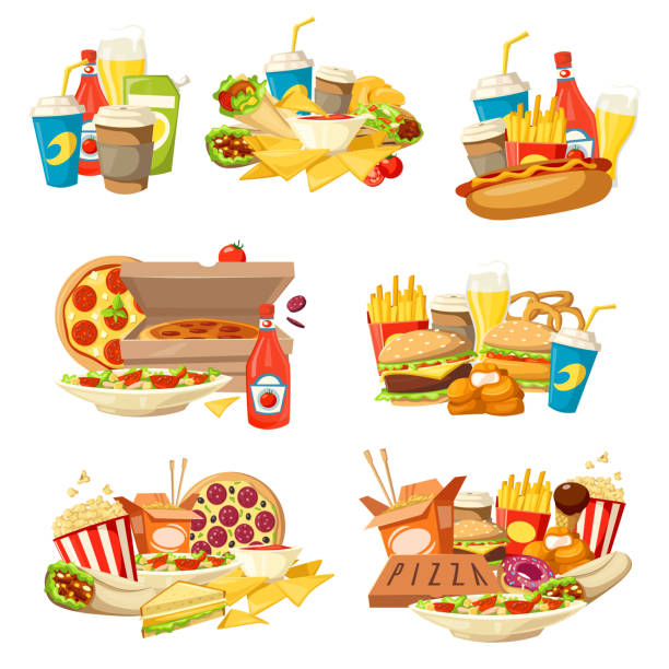 Fast food burger, pizza and hot dog with drinks Fast food takeaway lunch vector icons with snack meal and drinks. Pizza, hamburger and soda, hot dog, fries and chicken nuggets, cheese sandwich, donut and coffee, burrito, nachos and ice cream nuggets heat stock illustrations