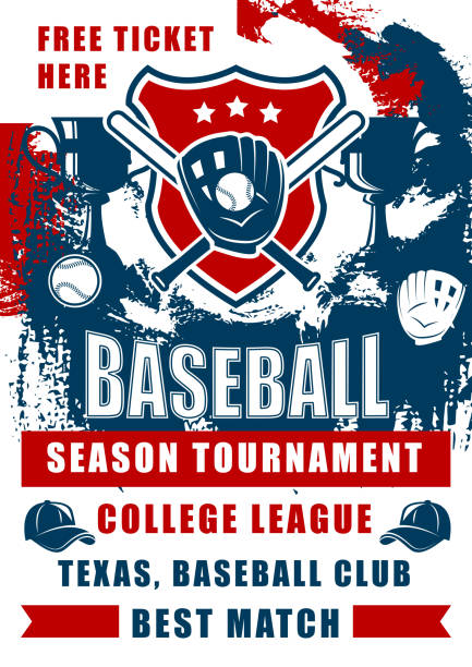Baseball or softball sport ball, bat and trophy Baseball sport game championship match of college league season tournament vector design. Softball bats, balls and player gloves on shield with winner trophy cup and caps grunge invitation poster softball homerun stock illustrations