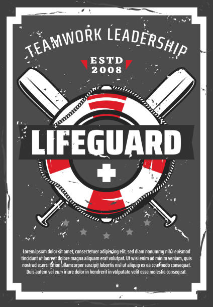 Lifeguard station or tower retro vector poster with lifebuoy, nautical ropes and paddles. Professional equipments of ocean or sea beach life guard. Lifesaving service design