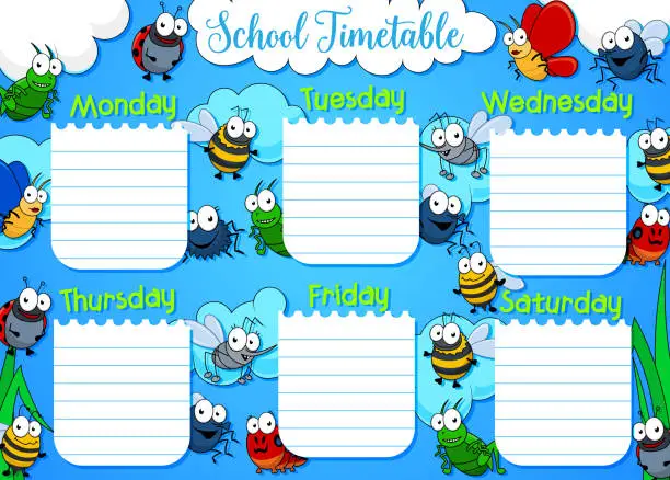 Vector illustration of School timetable week schedule, cartoon insects