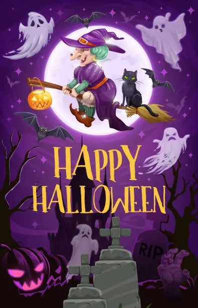 Vector illustration of Halloween witch with broom, ghosts and pumpkins