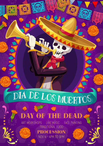 Day of the Mexican Holiday Celebration Dia de los Muertos Mexican holiday party and Day of Dead fiesta celebration. Vector skeleton skull in sombrero playing pipe, pecked paper flags, marigold flowers and Dia de los Muertos ribbon mexico people stock illustrations