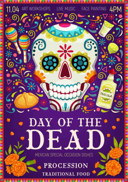 멕시코 휴일 디아 드 로스 무에르토스 두개골 - catrina stock illustrations